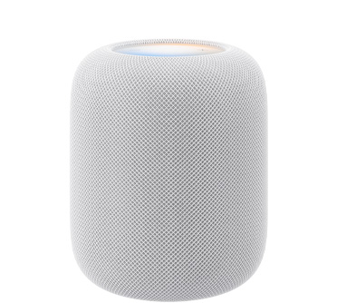 HomePod (2ᵉ génération), couleur blanche, face avant, design cylindrique, tissu mesh acoustique sans coutures. Face supérieure, surface tactile rétroéclairée plate, illumination multicolore