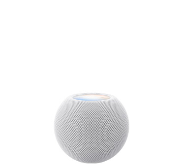 HomePod mini 2, blanc, face avant, design sphérique compact, tissu mesh acoustique sans couture. Face supérieure, surface tactile rétroéclairée plate, illumination multicolore