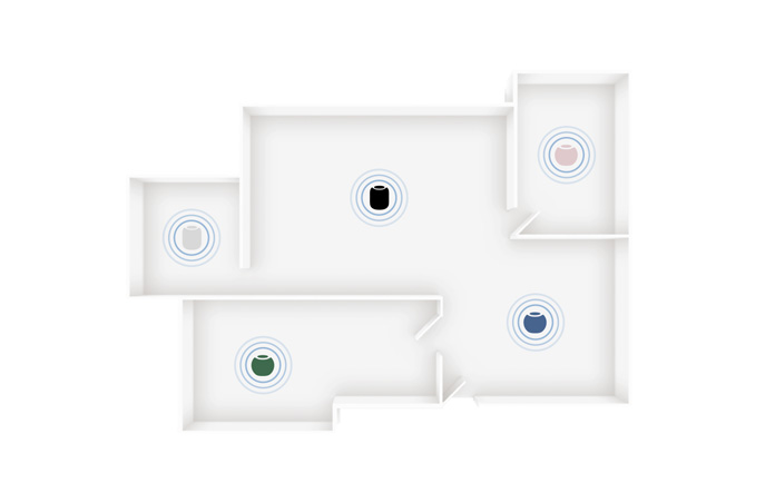 Enceintes HomePod mini 2 dans plusieurs couleurs placées dans différentes pièces d’une maison