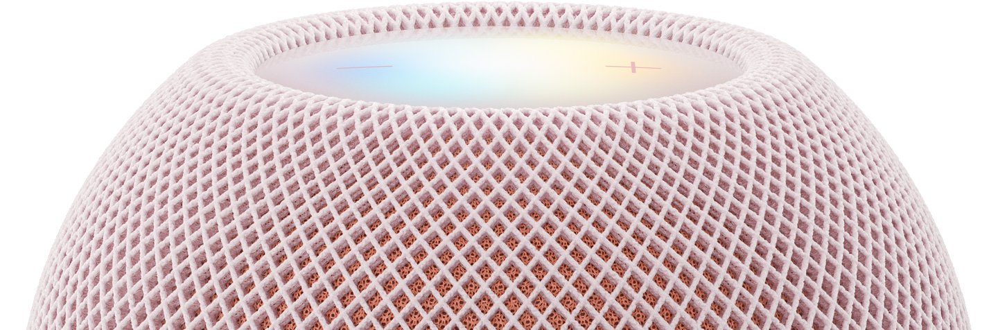HomePod mini 2, rose, vue du dessus, surface tactile rétroéclairée illuminée du halo multicolore de Siri AI