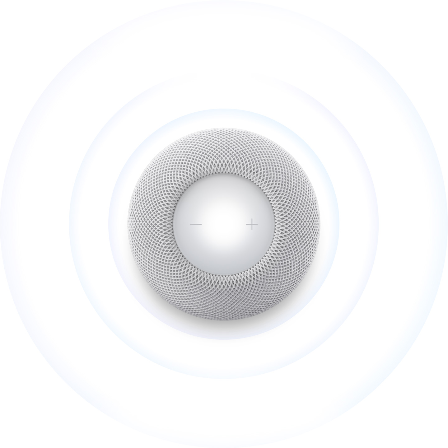 HomePod mini 2, couleur blanche, vue du dessus, ondes sonores concentriques bleu pâle émanant du haut-parleur