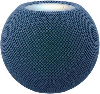 HomePod mini 2, couleur bleue (bleu foncé), face avant, design sphérique compact, tissu mesh acoustique sans couture. Face supérieure, surface tactile rétroéclairée plate, illumination multicolore