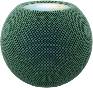 HomePod mini 2, couleur verte (vert foncé), face avant, design sphérique compact, tissu mesh acoustique sans couture. Face supérieure, surface tactile rétroéclairée plate, illumination multicolore