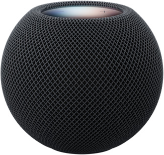 HomePod mini 2, couleur minuit, face avant, design sphérique compact, tissu mesh acoustique sans couture. Face supérieure, surface tactile rétroéclairée plate, illumination multicolore