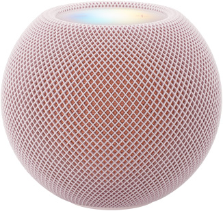 HomePod mini 2, couleur rose (rose pâle), face avant, design sphérique compact, tissu mesh acoustique sans couture. Face supérieure, surface tactile rétroéclairée plate, illumination multicolore
