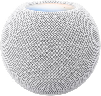 HomePod mini 2, couleur blanche, face avant, design sphérique compact, tissu mesh acoustique sans coutures. Face supérieure, surface tactile rétroéclairée plate, illumination multicolore