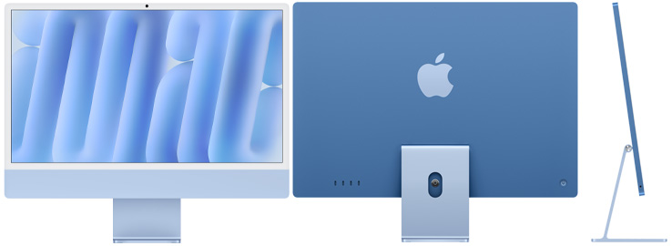 Parte delantera, trasera y lateral exterior del iMac, color azul