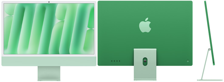 Parte delantera, trasera y lateral exterior del iMac, color verde