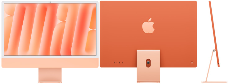 Parte delantera, trasera y lateral exterior del iMac, color naranja
