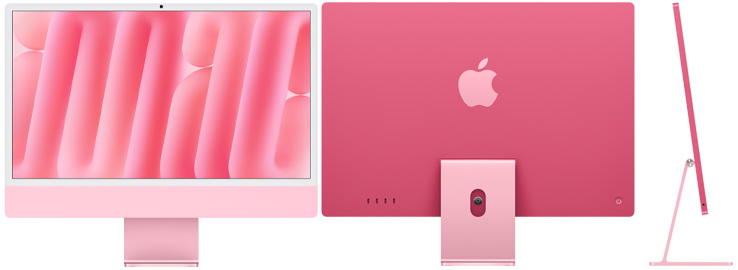 Parte delantera, trasera y lateral exterior del iMac, color rosa