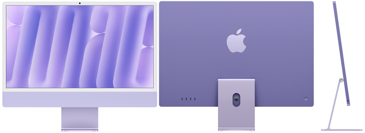Parte delantera, trasera y lateral exterior del iMac, color púrpura