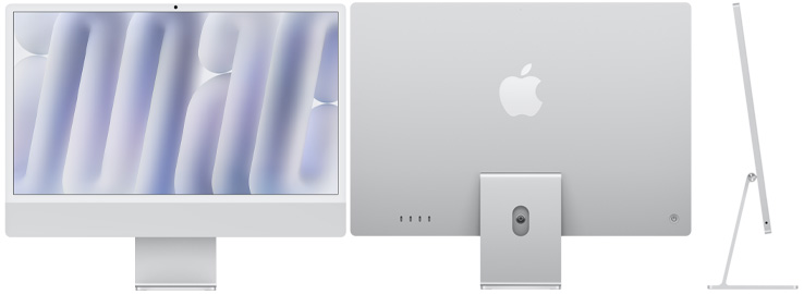 Parte delantera, trasera y lateral exterior del iMac, color plata