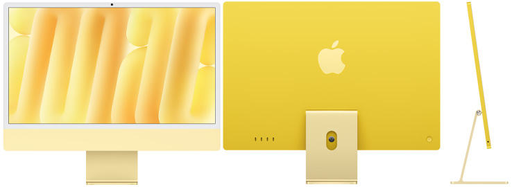 Parte delantera, trasera y lateral exterior del iMac, color amarillo