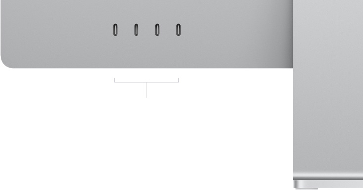 Parte trasera de un iMac que muestra la esquina inferior izquierda con cuatro puertos Thunderbolt 4