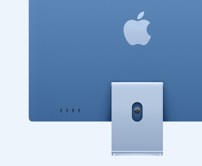 iMac i blå vist bagfra med fokus på de fire USB‑C-porte