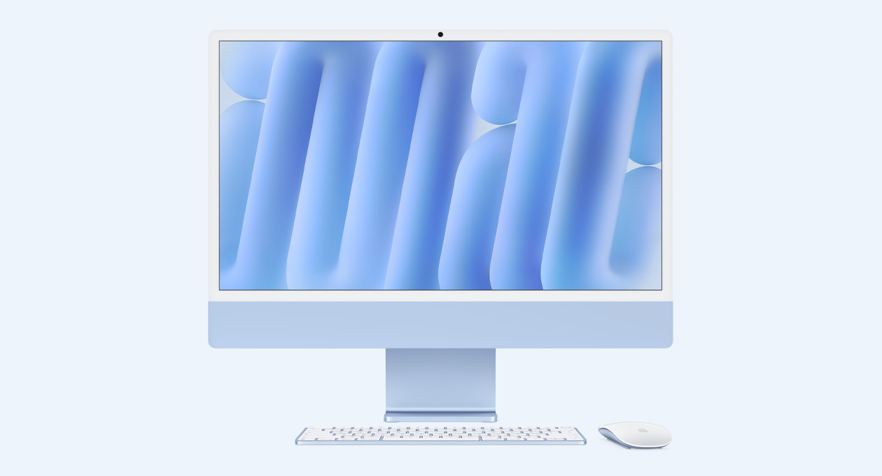 iMac i blå vist forfra med Magic Mouse og Magic Keyboard i matchende farver