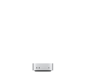 Sølvfarvet Mac mini vist forfra med to Thunderbolt-porte (USB‑C), statusindikatorlys og jackstik til hovedtelefoner, konisk sort bund, plan overside, afrundede sider og lige kanter