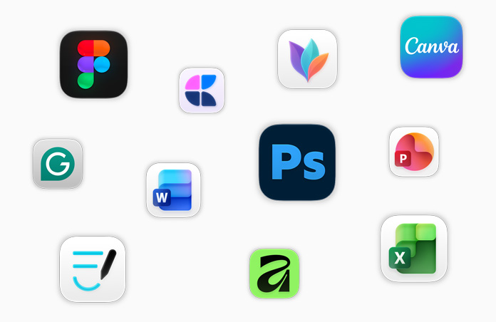 Forskellige appikoner svæver på skærmen, herunder Adobe Photoshop, Canva, Microsoft Excel og Figma