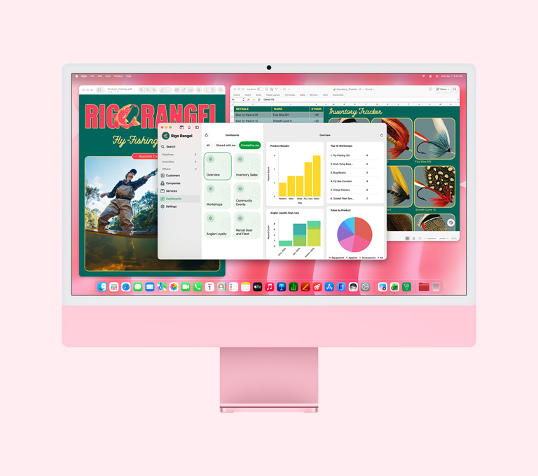 粉紅色 iMac，機身正面，螢幕顯示多個 app