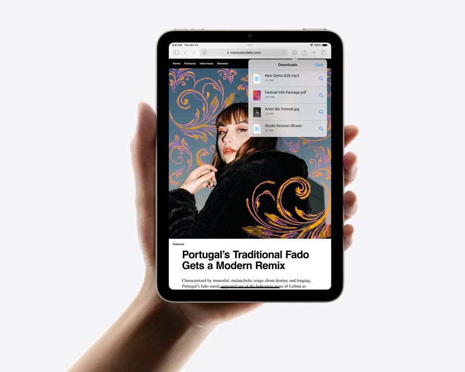 iPad mini v jednej ruke otočený na výšku zobrazuje stiahnuté súbory v Safari.