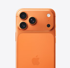 iPhone 17 Pro, aizmugures skats, kosmiski oranža krāsa, Pro Fusion kameru sistēma pacēlumā augšpusē