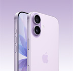 Vista frontal do iPhone 17 lavanda, vista traseira em ângulo do sistema de câmara Dual Fusion em relevo no canto superior esquerdo, botão Controlo da câmara, vista frontal do ecrã total, botão Ação, botão lateral e botões de volume