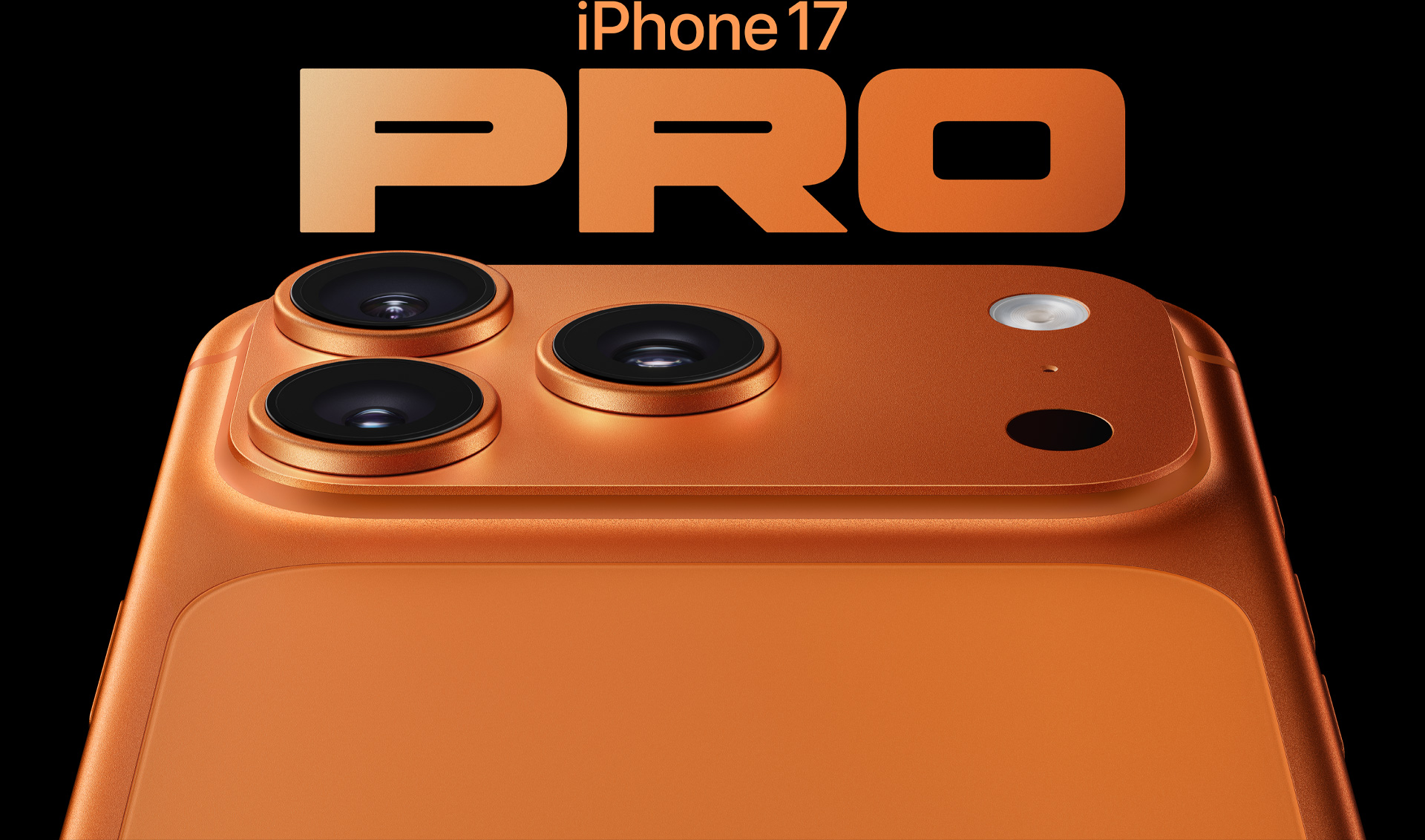 Vista parcial traseira do iPhone 17 Pro laranja cósmico, com sistema de câmaras Pro no canto superior esquerdo, 3 lentes, microfone e flash