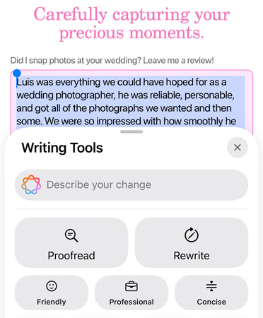 Kasutuses on Writing Tools funktsioon valikutega Proofread, Rewrite, Friendly, Professional ja Concise