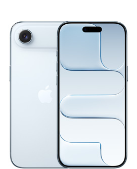 iPhone Air، الجزء الخلفي الخارجي، لون أزرق ضبابي، نظام كاميرا Fusion مزدوجة في أعلى اليسار، شعار Apple في الوسط، الجزء الأمامي الخارجي، لون ليلكي ناعم، Dynamic Island في الوسط أعلى الشاشة