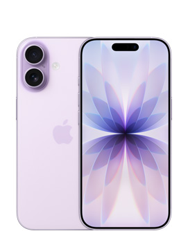 왼쪽 상단의 듀얼 Fusion 카메라 시스템, 중앙의 Apple 로고가 보이는 라벤더 색상 iPhone 17의 뒷면, 상단 중앙의 Dynamic Island가 보이는 라벤더 색상 iPhone 17의 앞면