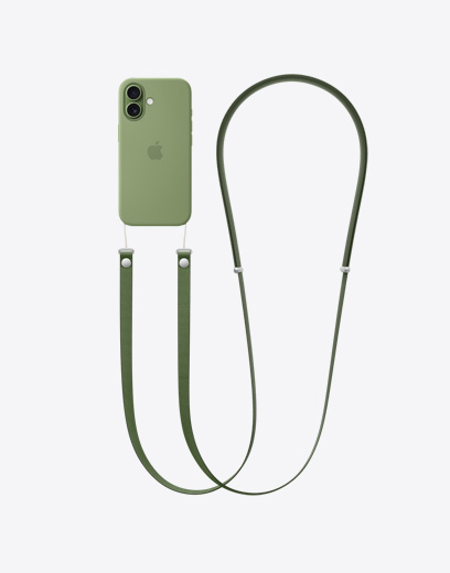 iPhone 17, parte posterior, funda verde, una correa cruzada verde