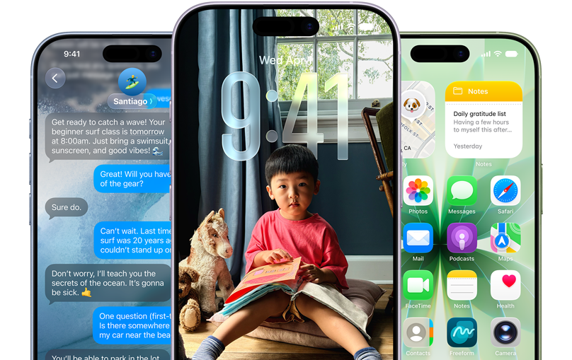 Drei iPhone 17 Geräte. Jedes zeigt entweder Nachrichten, einen Sperrbildschirm oder einen Homescreen