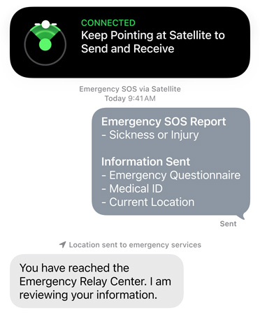 Funcionalidade SOS emergência via satélite em utilização, a contactar os serviços de emergência para obter ajuda para uma pessoa doente ou ferida