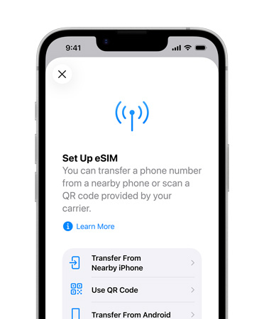iPhone 17e, front exterior, showing the Set Up eSIM feature to transfer a phone number from a nearby phone or scan a QR code