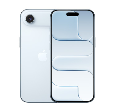 iPhone Air, заден екстериор, небесносин цвят, Fusion система камери в плато, центрирано лого на Apple, преден екстериор, небесносин цвят, Dynamic Island, центриран в горната част