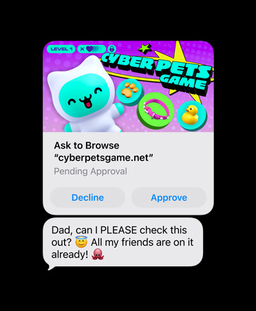 Ein Display zeigt eine Textnachricht mit einem Bildschirmfoto von cyberpetsgame.net, Tasten zum Ablehnen und Genehmigen unter der Grafik, der Text lautet: Papa, darf ich mir das ansehen? Alle meine Freunde sind schon drin.