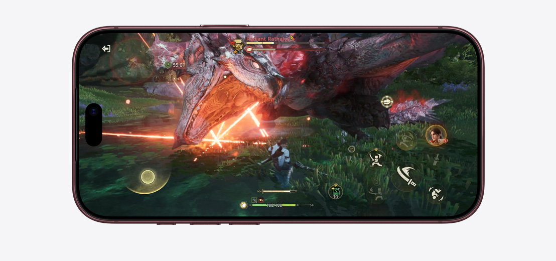 iPhone 18 Pro, parte frontal, demostrando el rendimiento del chip A20 Pro con una escena de Monster Hunter Outlanders
