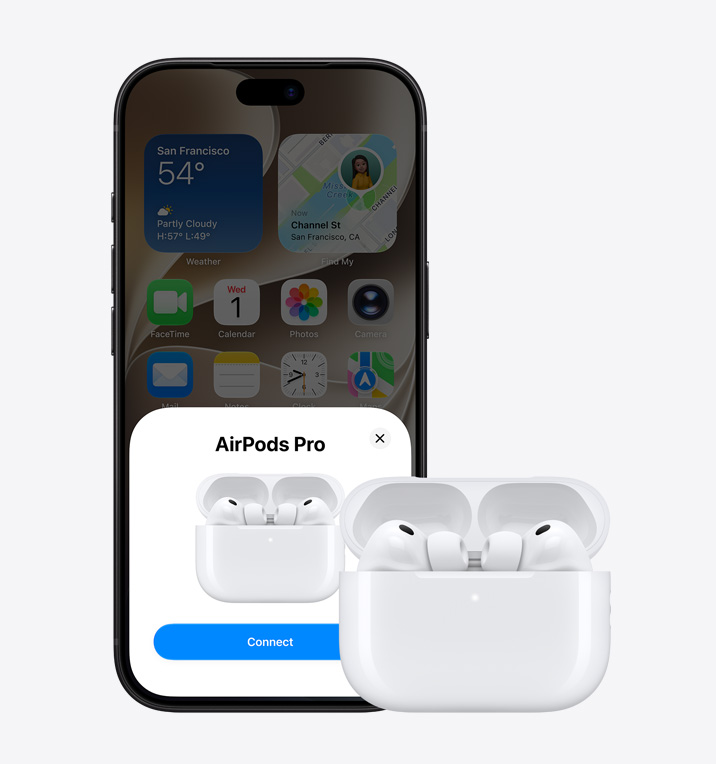iPhone 18 Pro, parte frontal, app Apple Music con la pantalla de inicio abierta, junto a unos AirPods Pro 3 en un Estuche de Carga MagSafe abierto