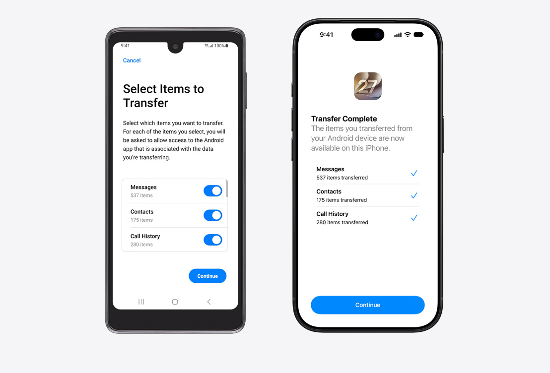 Dispositivo Android a la izquierda, iPhone a la derecha. Un dispositivo Android muestra la app Trasladar a iOS con el título Seleccionar Elementos para Transferir, opciones seleccionadas: Mensajes, Contactos e Historial de Llamadas. La pantalla del iPhone muestra que la transferencia finalizó