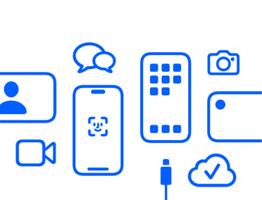 Dispositivos Apple y funcionalidades, iCloud, iPhone con Face ID y cable de carga, Cámara, Mensajes