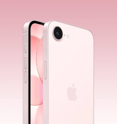 Parte frontal y posterior de un iPhone 17e rosa pálido, parte frontal parcial de la pantalla, parte posterior completa con el logo de Apple y una cámara, parte lateral con el Botón de Acción, los botones de volumen y el botón lateral