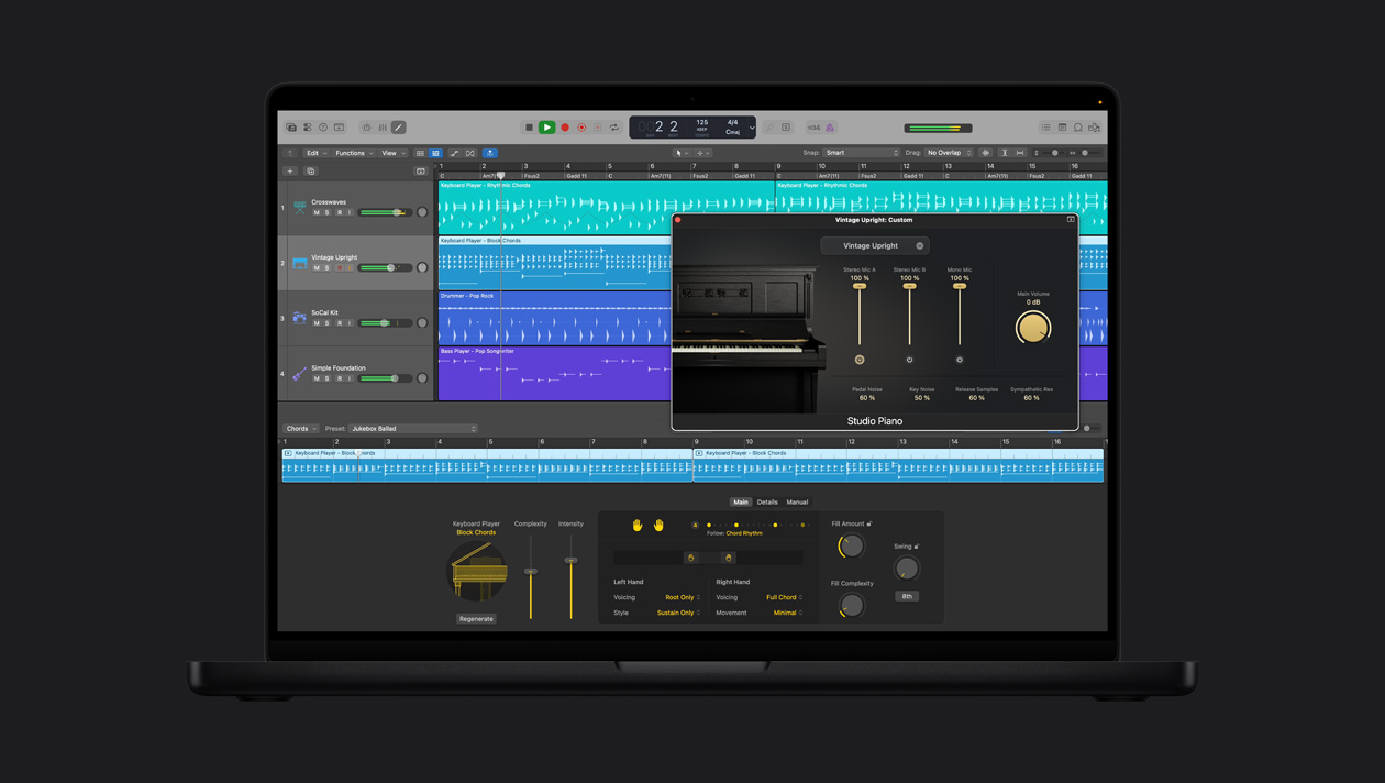 MacBook Pro 16 screen showing Synth Player, Vintage Upright: Custom window is open with Studio Piano controls, to the left are rows for Crosswaves, Vintage Upright, SoCal Kit, Simple Foundation, at the bottom is Keyboard Player Rhythmic Chords controls