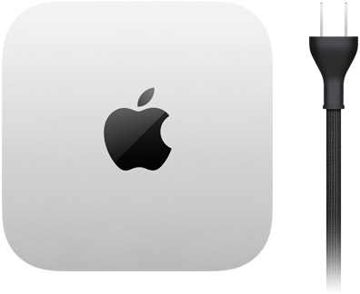 Mac mini, top, silver aluminum, square, rounded corners, glossy black Apple logo centered, black power cord with two-prong power plug