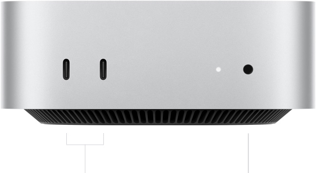 Mac mini, front, two Thunderbolt ports, status indicator light and headphone jack, tapered black base at bottom, flat top, rounded sides, straight edges, silver color