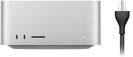 Mac Studio, front, two USB-C ports, SDXC card slot, status indicator light, tapered base at bottom, flat top, rounded sides, straight edges, silver color, black power cord with three-prong power plug