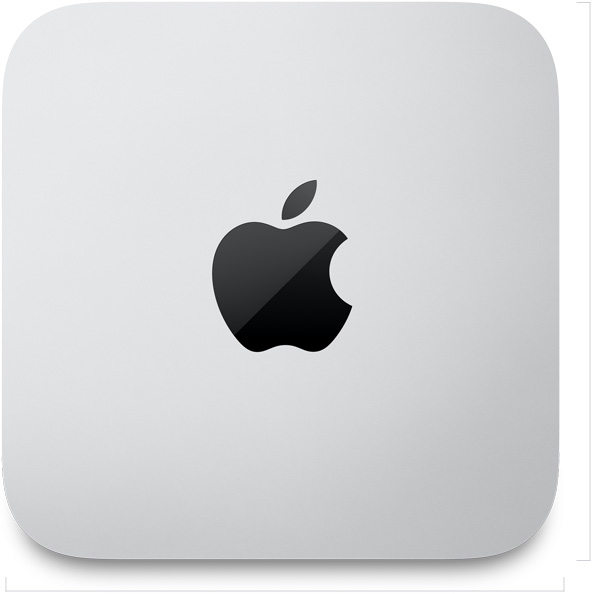 Mac Studio, top, silver aluminum, square, rounded corners, glossy black Apple logo centered