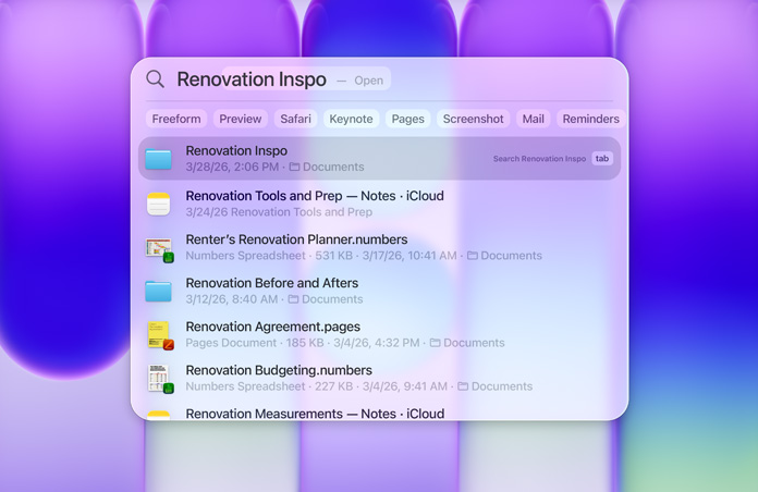 Spotlight in use, the search query, renovation inspo, has returned various renovation-related folders and documents