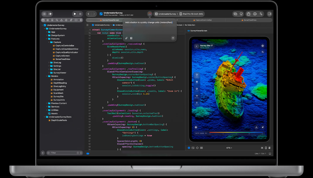 MacBook Pro, Xcode, le prompt de l’assistant IA indique : Ajouter un bouton pour changer rapidement d’unité, mètres ou pieds, éditeur de code avec du code Swift à gauche, l’aperçu à droite montre une app pour iPad avec un scan 3D d’une épave de navire au fond de l’océan