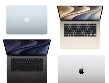 Quatre Mac de différents modèles, tailles et couleurs, illustrant la diversité des options de personnalisation
