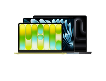 Trois produits MacBook : MacBook Neo 13 pouces, capot ouvert, jaune agrume, écran Liquid Retina, pieds arrondis surélevés, MacBook Air 15 pouces, capot ouvert, bleu ciel, pieds arrondis surélevés, MacBook Pro 16 pouces, capot ouvert, noir sidéral, pieds arrondis surélevés